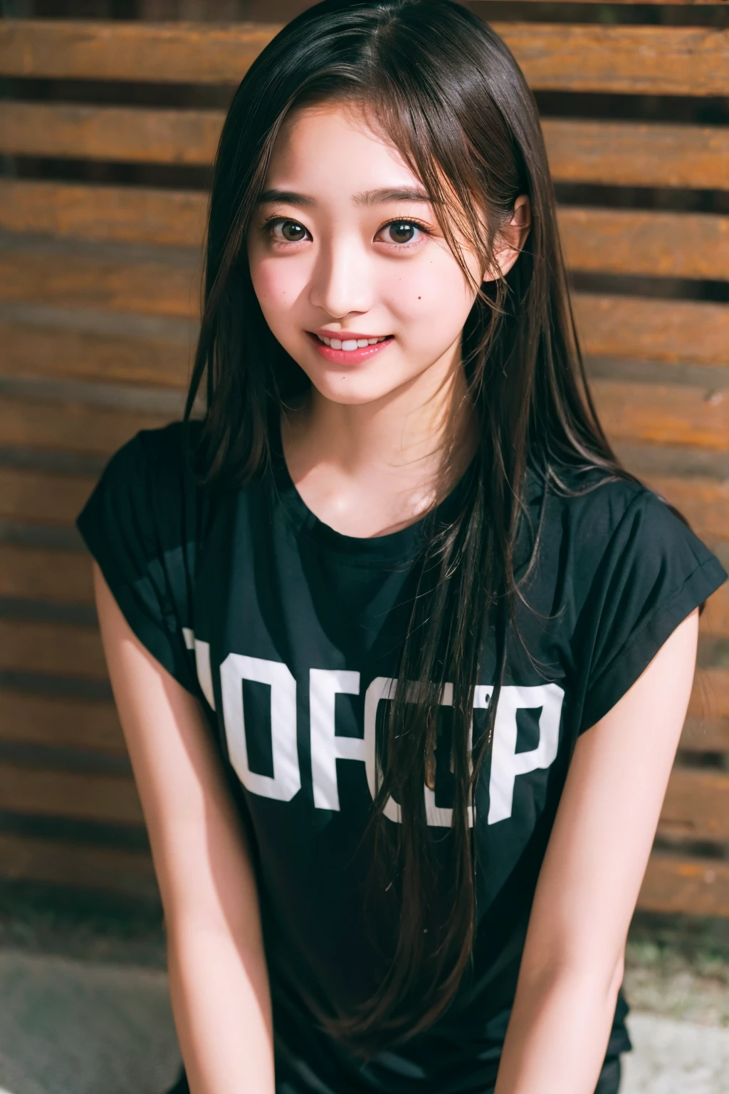 (((upper body shot))),Ultra-high resolution,big eyes,((brown eyes)),Japanese,(a girl),(1 girl),((17 years old)),(cute),pretty,((facing at viewer)),arms behind back,grin,(((black shirt)))