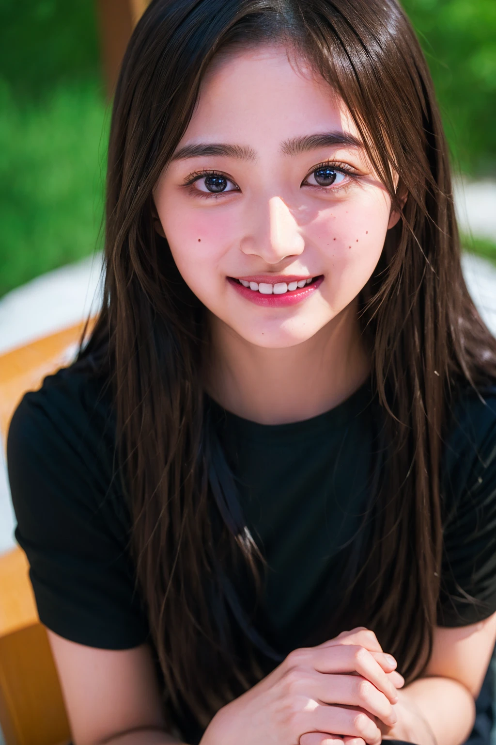 (((upper body shot))),Ultra-high resolution,big eyes,((brown eyes)),Japanese,(a girl),(1 girl),((17 years old)),(cute),pretty,((facing at viewer)),arms behind back,grin,(((black shirt)))