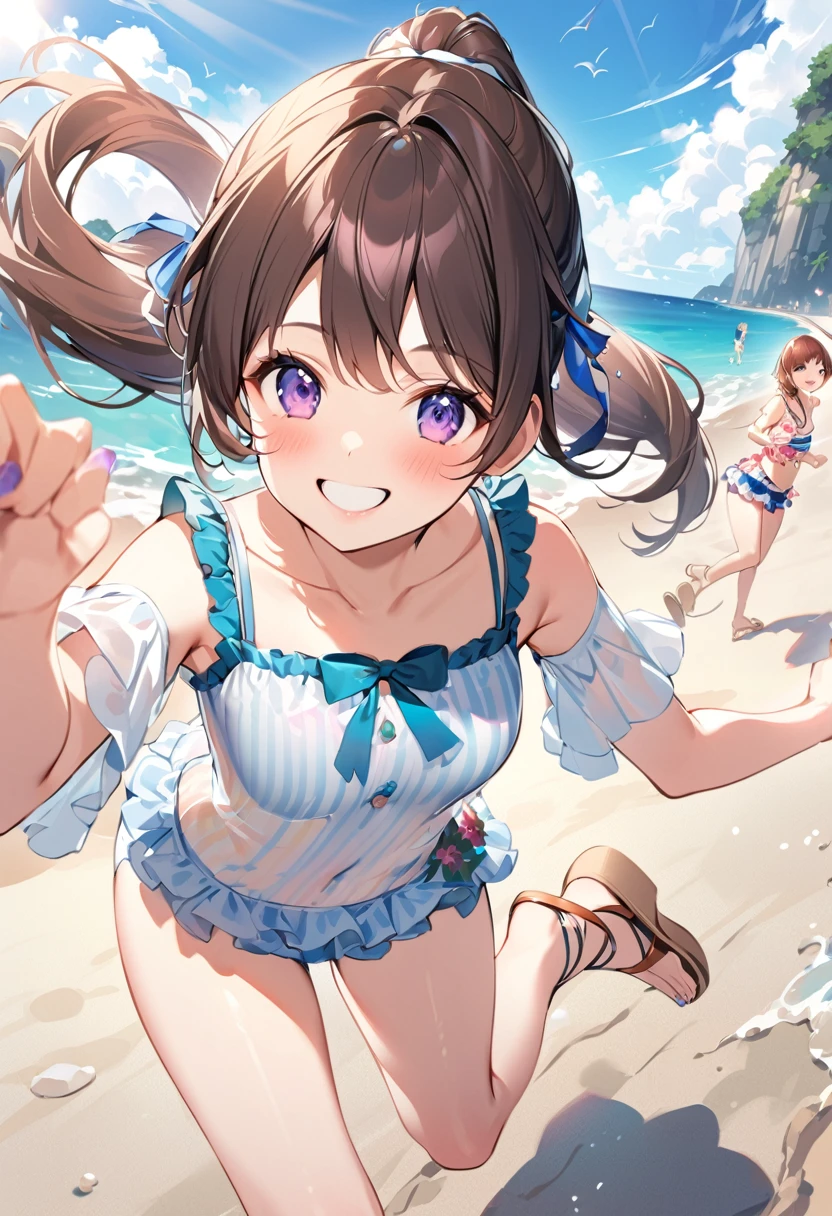 Highest quality、High resolution、Detailed Background、Beautiful face in every detail、Teenage beauty、cuteカラーの髪色、Brown Hair、Black Hair、Bobcut、ponytail、Twin tails、A big smile、Uplifting、
Summer sun、Shining Sea、Walking on the beach、Enjoy splashing around on the shore、Take off your sandals and jump into the sea、Running around holding hands with friends、Smiling and innocent play、Endless blue sky and sea、Everlasting summer memories、
(Innocent girls playing:1.5)、
Vivid color frill bikini、Cute frilled bikini、Striped one-piece swimsuit、Ribbon design tankini、Bikini with flower print、Floral and tropical bikinis、Even though the design is simple, the pattern creates a cute look.、cute