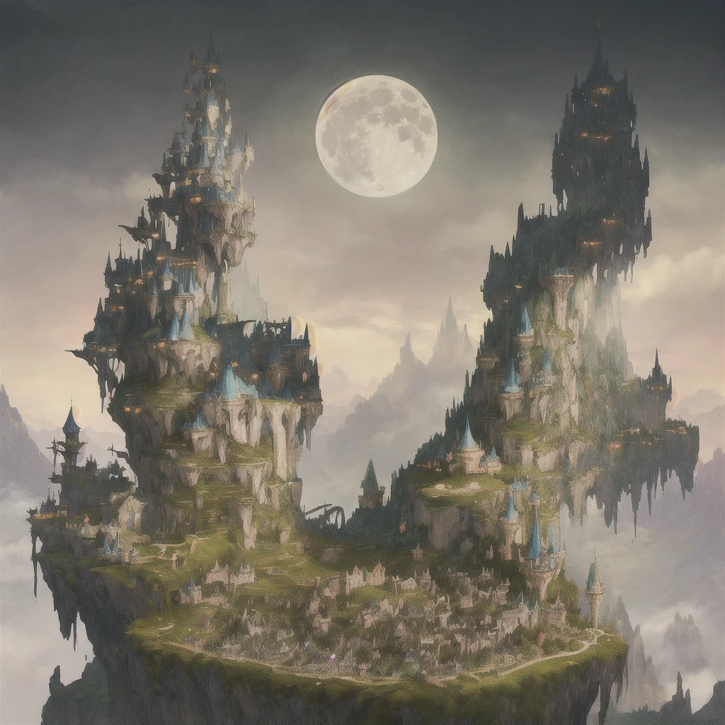 ((best quality)), ((masterpiece)), (detailed), (sprawling fantasy kingdom on grassy, hilly landscape), (massive, dense city), blending modern and fantasy, urban fantasy, one single large moon in background, in the style of video game concept art, stunning
