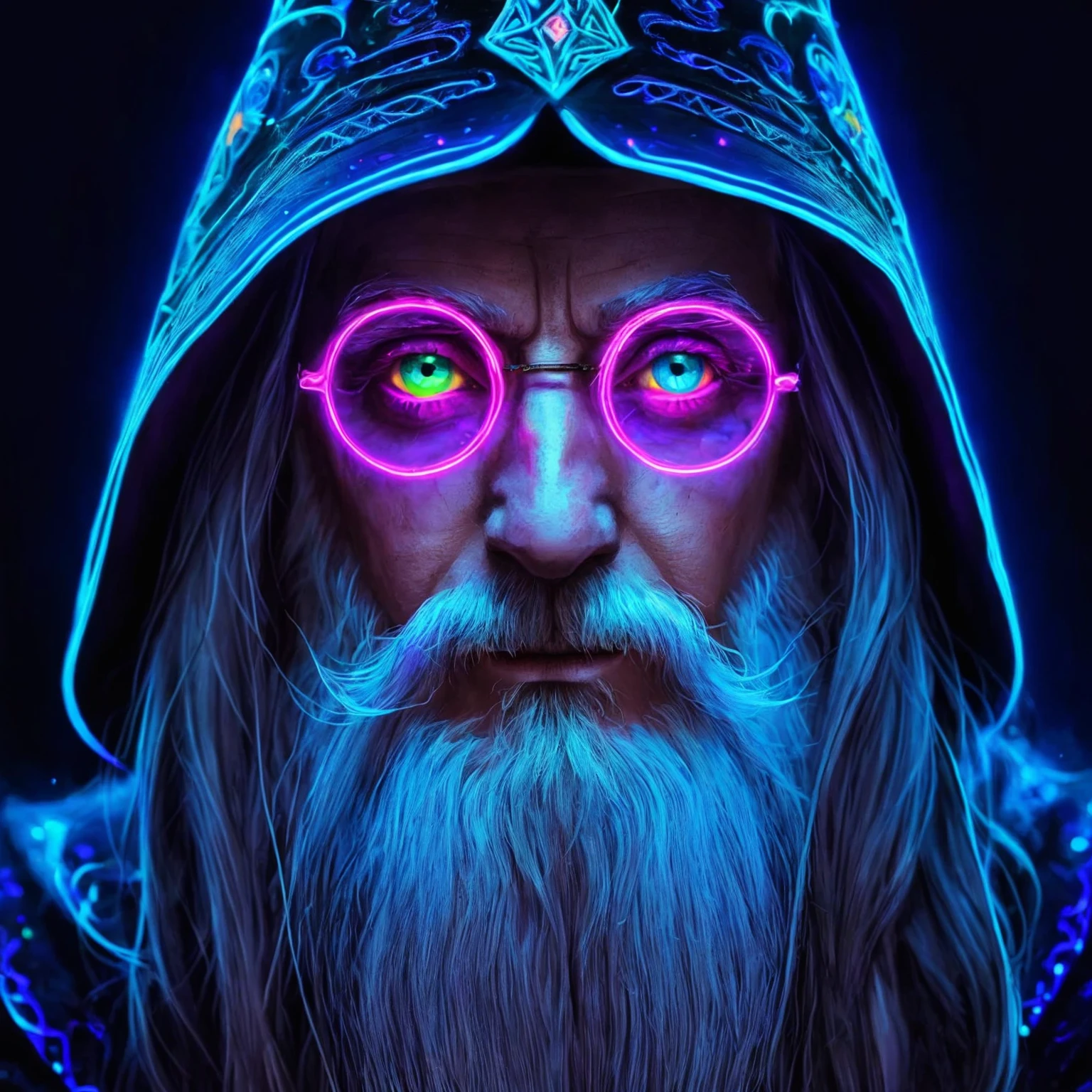 art of a wizard with neon colored eyes