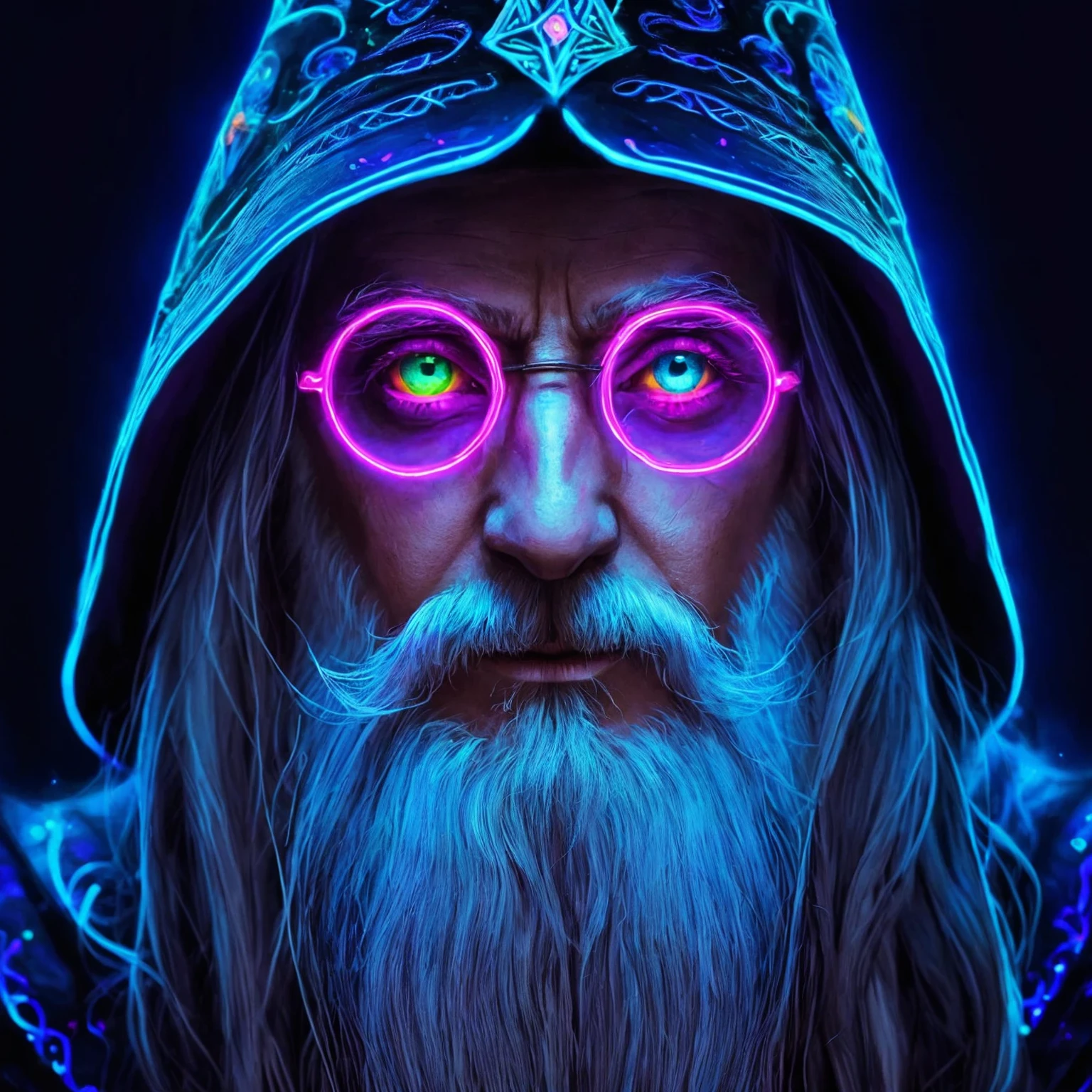 art of a wizard with neon colored eyes