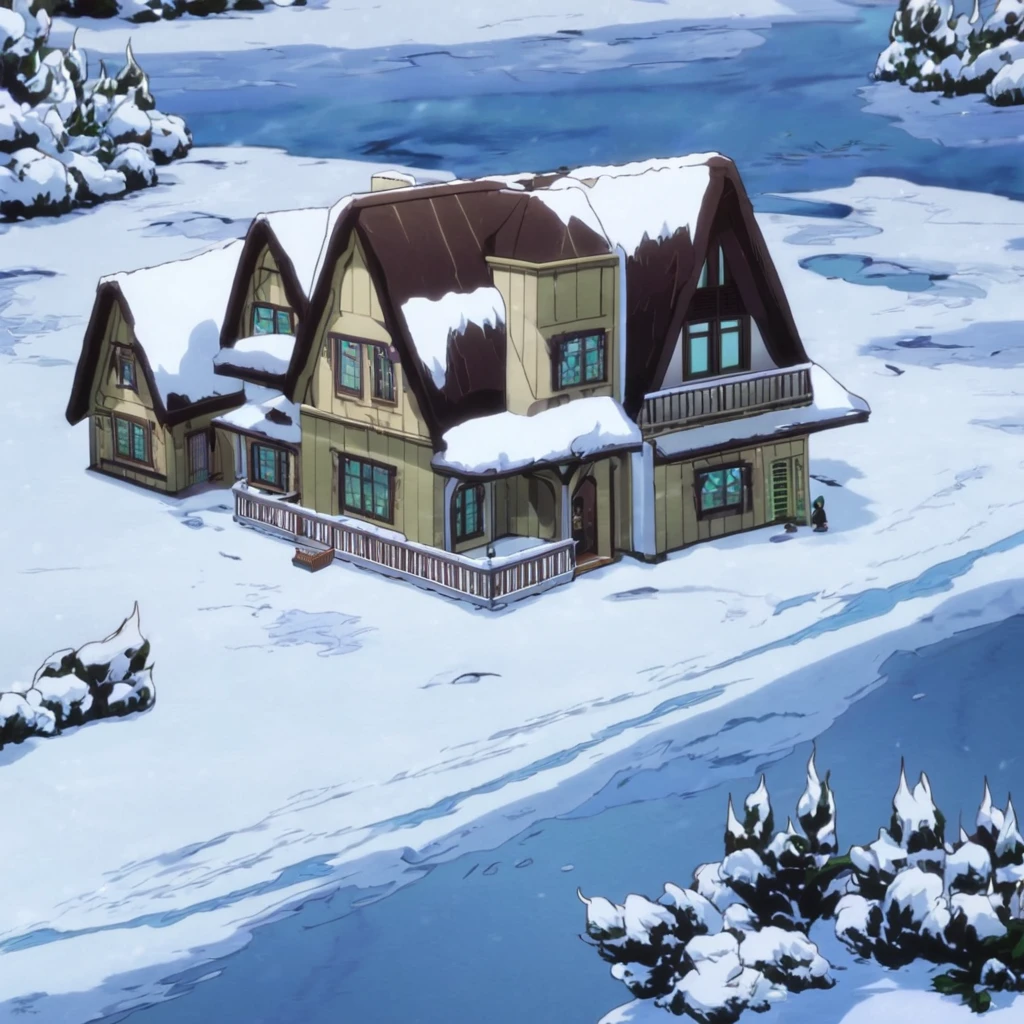 a white and brown cottage house in the middle of snow biome, Jojosostyle ✨