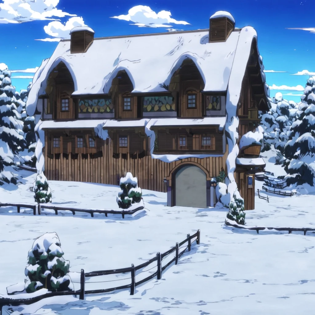 a white and brown cottage house in the middle of snow biome, Jojosostyle ✨