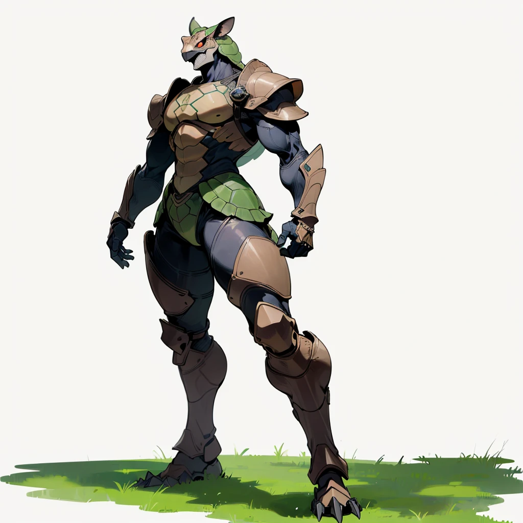 (Random Evolution, Colossal turtle mixed with big Armadillo), armor Titan, full body version, yellow and black color skins, (his body stands straight), (tall), (full red eyes), (Grassroots), no background