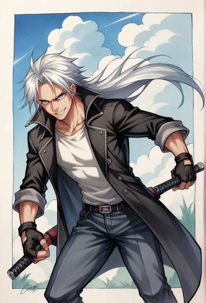 score_9, score_8_up,score_7_up, source_ anime, traditional art, dmc5vergil, black coat, fingerless gloves, pants, smile, tackle,
