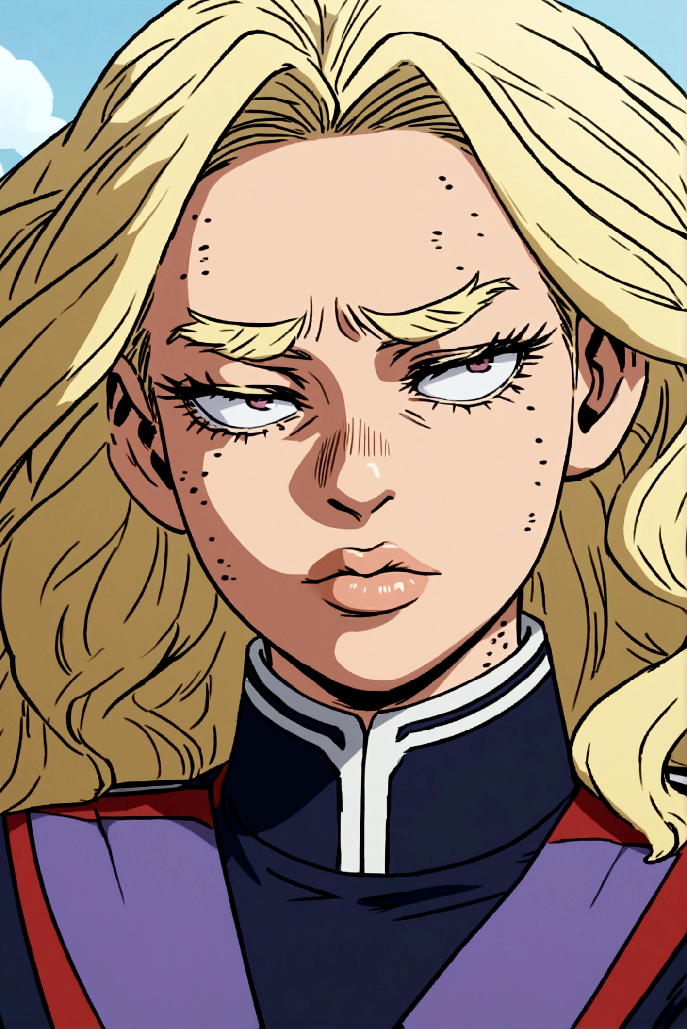Screenshot of My hero academia Girl with blonde hair with long wavy dark red highlights, with tired eyes of very light lilac color,long eyelashes, big lips,vitiligo in hair and full body with a serious but friendly expression and in the UA uniform