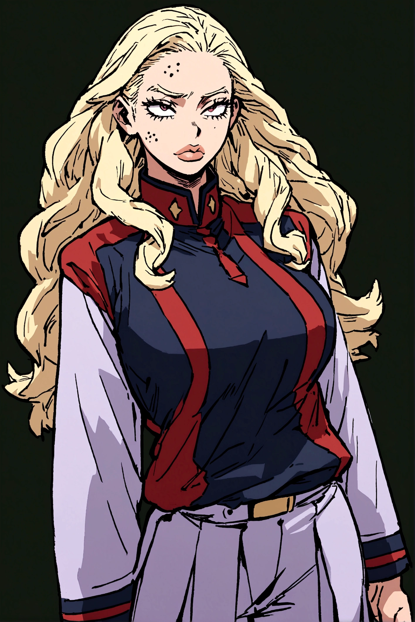 Screenshot of My hero academia Girl with blonde hair with long wavy dark red highlights, with tired eyes of very light lilac color,long eyelashes, big lips,vitiligo in hair and full body with a serious but friendly expression and in the UA uniform