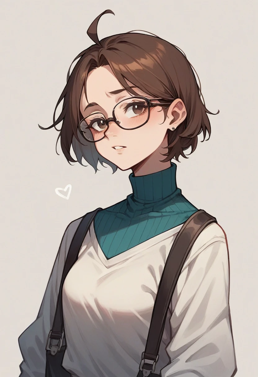 Draw a white-skinned girl with brown hair who wears glasses.