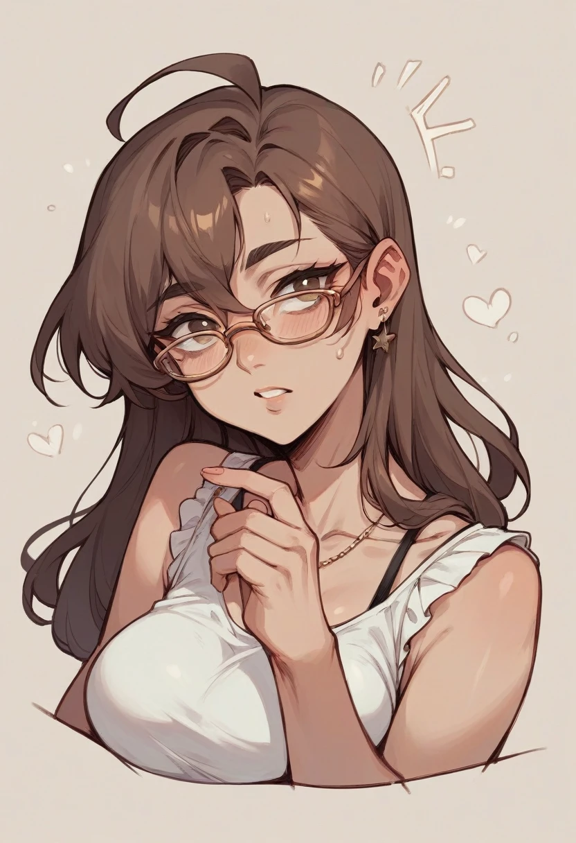 Draw a white-skinned girl with brown hair who wears glasses. 
