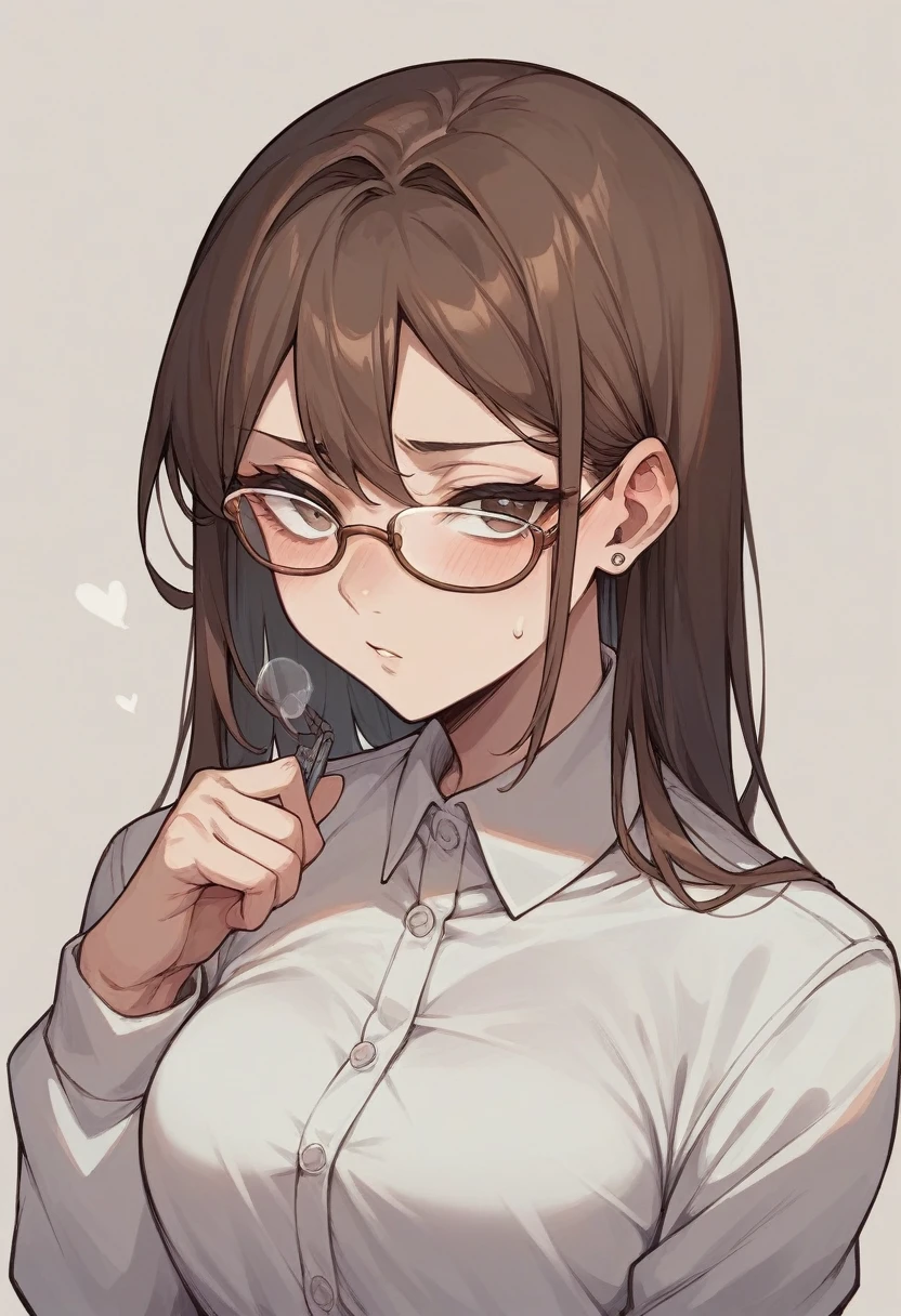 Draw a white-skinned girl with brown hair who wears glasses. 