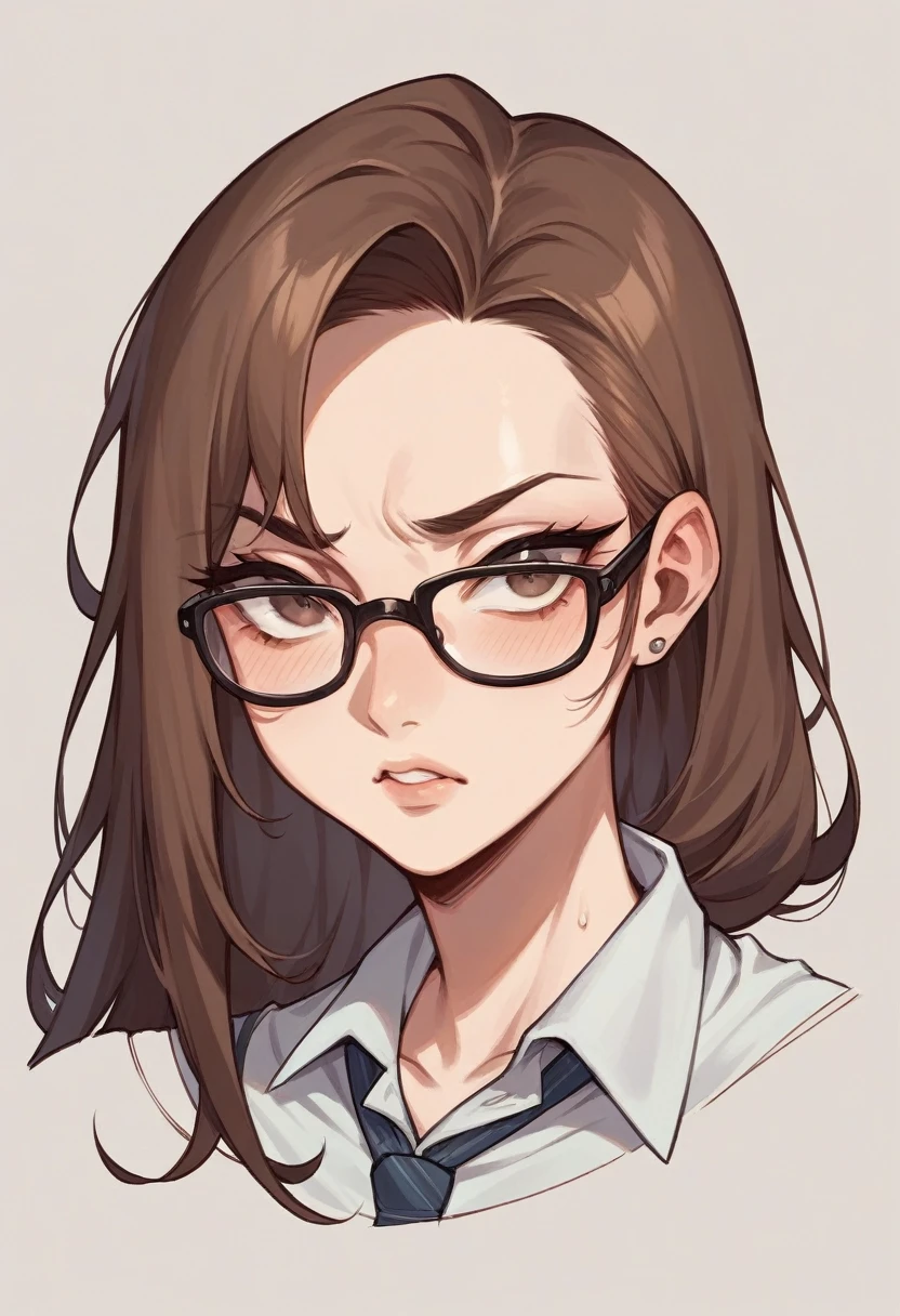 Draw a white-skinned girl with brown hair who wears glasses.