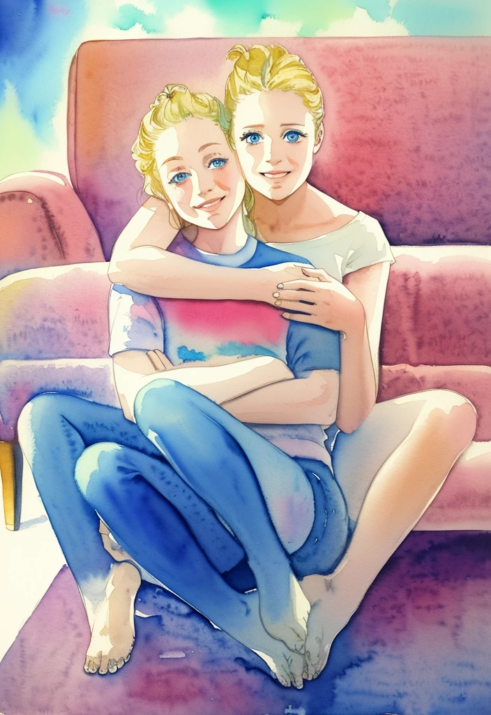 watercolor coloring of two women sitting on het floor, a couch in the background, hugging, blonde hair, blue eyes