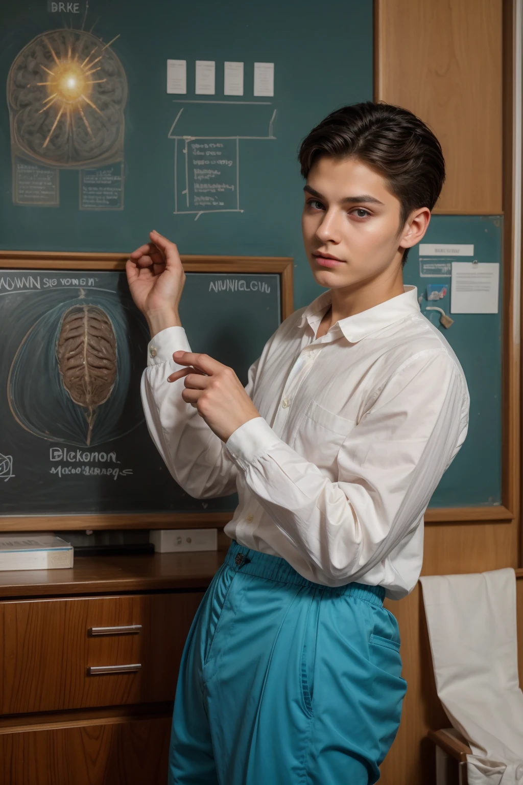 A beautiful young male twink, cute, with black hair and a face with makeup, wearing a bright white long-sleeved shirt and aqua blue pants, and he is in his office, and behind him is a blackboard on which is written the shape of the brain and its anatomy, and nuclear energy comes out of it, and he has a face with makeup and cheeks. Shiny