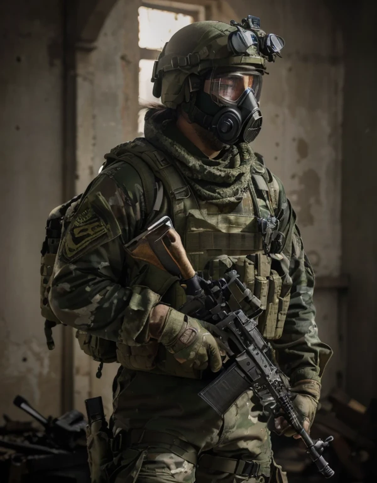muscular male soldier, a fullface advanced gas mask and advanced night vision goggles, military helmet, green camouflage military uniform, bulletproof vest, armor on shoulders, belt with ammunition, holds a rifle, black gloves, background image , desert, Fire, smoke, Ultra detailed, hyper realistic, 4k, Ultra detailed image, realistic, Highly detailed, perfect composition, beautiful, Intricately detailed, incredibly detailed, Art photography 8K, hyper detailed, Masterpiece, Ultra detailed, hyper realistic, 4k , Ultra detailed image , realistic , Highly detailed , perfect composition , beautiful , intricately detailed , incredibly detailed , 8k fine art photography , hyper detailed , Masterpiece