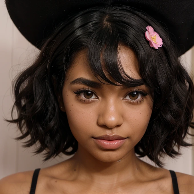 Style Blythe doll,dark skin color,straight black hair and a little fluffy,almost curly wavy ends, a mole on the right side of the nose near the nostrils, not so curled eyelashes,and lips a little pink