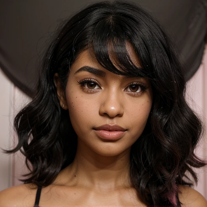 Style Blythe doll,dark skin color,straight black hair and a little fluffy,almost curly wavy ends, a mole on the right side of the nose near the nostrils, not so curled eyelashes,and lips a little pink