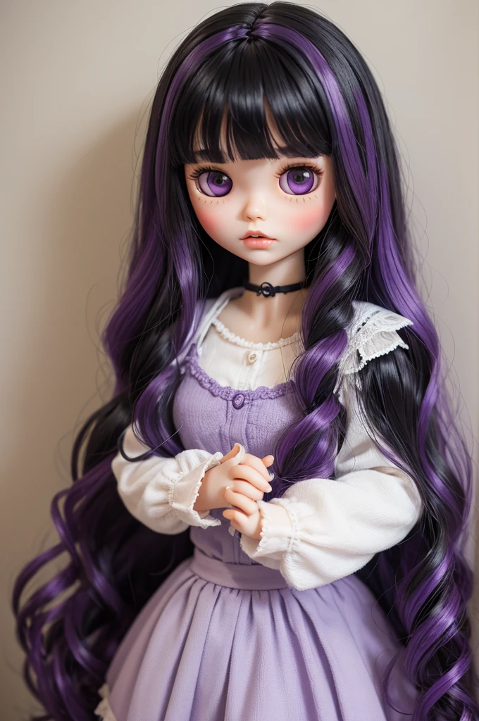 A Blythe Doll with wavy black hair with purple highlights 