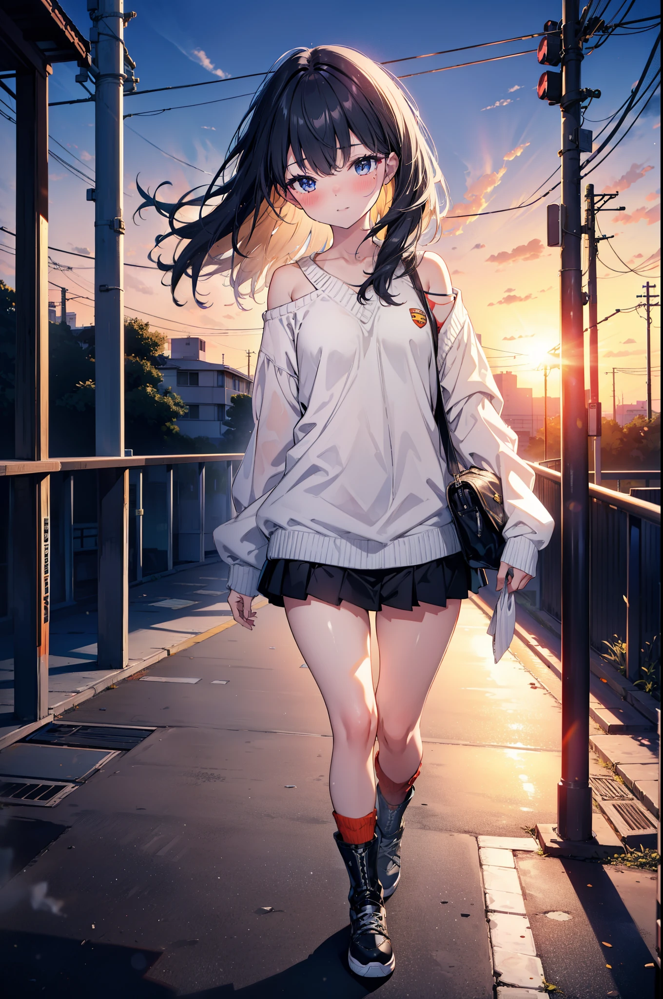 Rikka body, Affluent backstreets, Black Hair, blue eyes, Long Hair, rist scrunchie,happy smile, smile, Open your mouth,blush,Oversized red one-shoulder sweater,mini skirt,short boots,Walking,So that the whole body goes into the illustration,morning,morning陽,The sun is rising,
Destroy outdoors, Building district,
壊す looking at viewer, Systemic
break (masterpiece:1.2), Highest quality, High resolution, unity 8k wallpaper, (figure:0.8), (Beautiful attention to detail:1.6), Highly detailed face, Perfect lighting, Highly detailed CG, (Perfect hands, Perfect Anatomy),