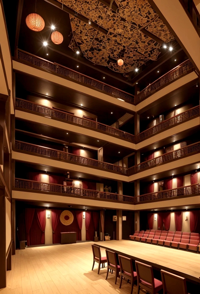 A fantastic theatre、pub、night、Interior space、Japanese style、Atrium、indirect lighting、Stage actors