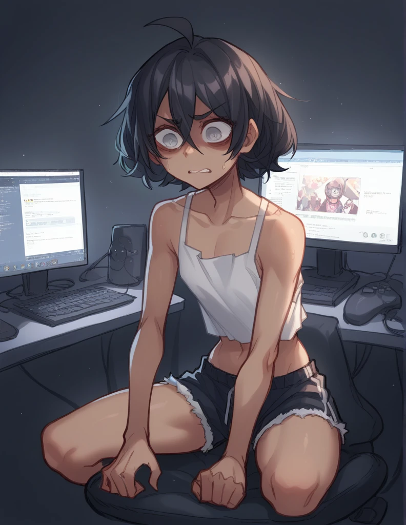 1 girl, alone, black fur, short hair, messy fur, Ahoge, grey eyes, blind eyes, kind eyes, very nervous,
Sports mini shorts, cropped blouse, A white blouse, strap blouse, V neck blouse Sitting, playing videogames, computer, control de conalone, mirando la computer,
Mal holor, garbage in the environment, dark environment, mirando la computadora, jugamdo en la computadora, concentrada en la computadora, usando audífonos, usando control de consola