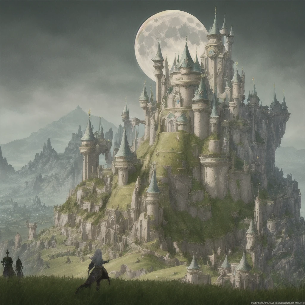 ((best quality)), ((masterpiece)), (detailed), (sprawling fantasy kingdom on grassy, gentle, rolling hills landscape), (massive, dense city), blending modern and fantasy, urban fantasy, one single large moon in background, in the style of video game concept art, stunning