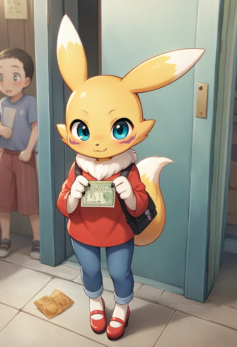 rest, src_Japanese cartoons, Endless, Official Art, masterpiece, 1 Girl, renamon (Digimon), anthropology, cute的, , very younger, young, , Uncensored, Oversized T-shirt, big jeans, Red high heels,Sexy, Honey, prostitute, Dagasi, Blink,cute