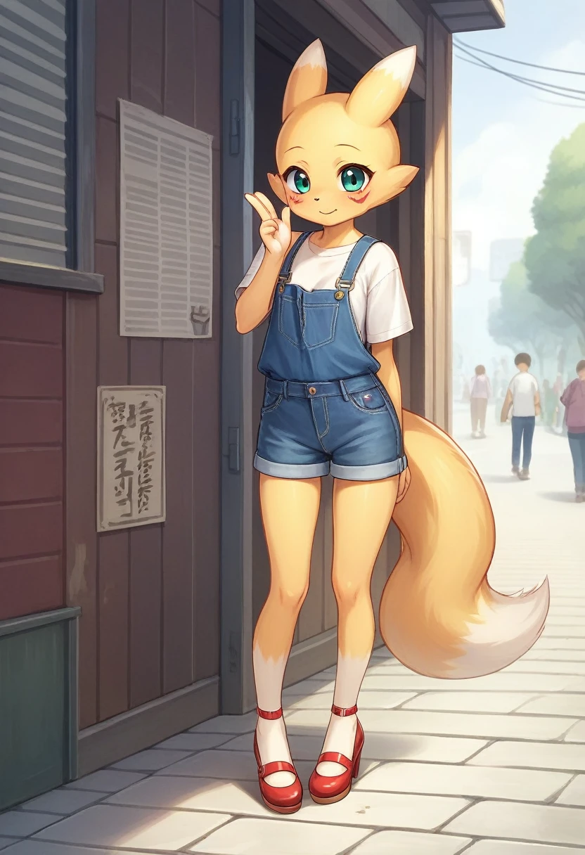rest, src_Japanese cartoons, Endless, Official Art, masterpiece, 1 Girl, renamon (Digimon), anthropology, cute的, , very younger, young, , Uncensored, Oversized T-shirt, big jeans, Red high heels,Sexy, Honey, prostitute, Dagasi, Blink,cute