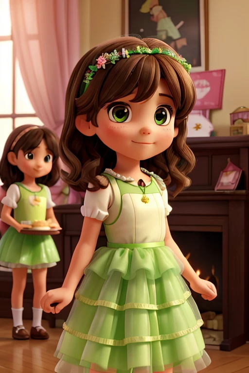 Two girls, 5 , straight brown hair, wearing a light green tulle dress, holding a beautiful birthday cake in each other&#39;s hands