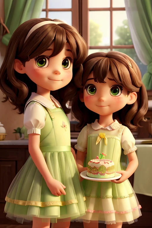 Two girls, 5 years old, straight brown hair, wearing a light green tulle dress, holding a beautiful birthday cake in each other's hands