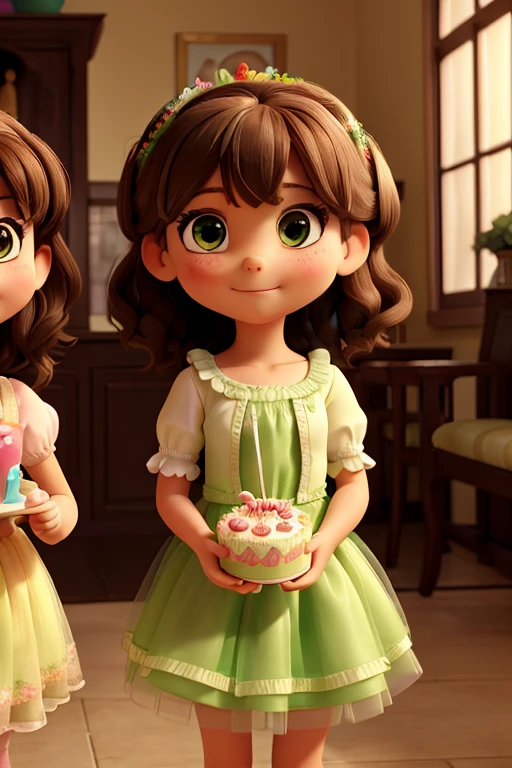 Two girls, 5 years old, straight brown hair, wearing a light green tulle dress, holding a beautiful birthday cake in each other&#39;s hands