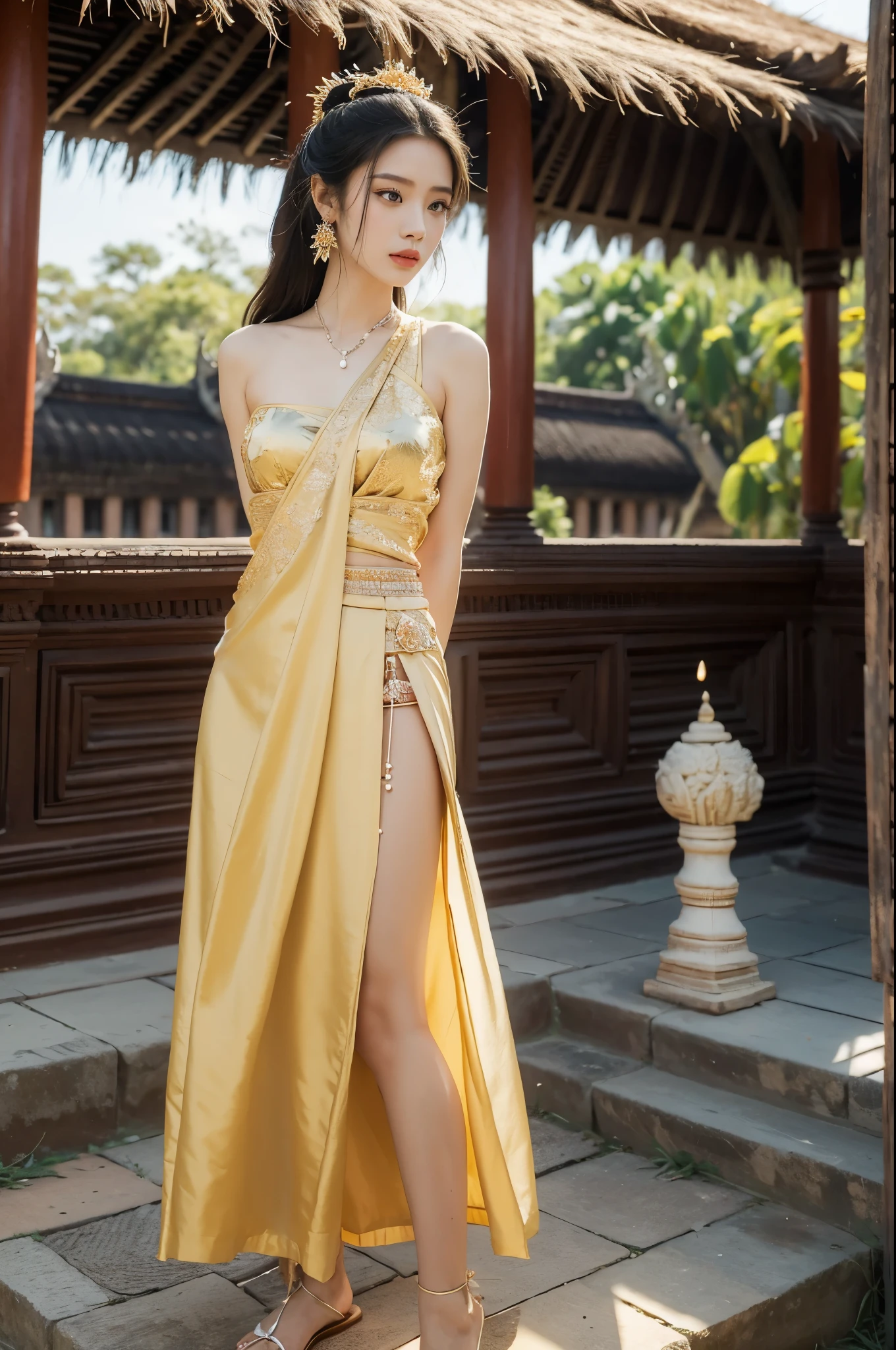 (((best quality))), (((ultra detailed))), (((masterpiece))), illustration, A Cambodian princess in traditional costume at Angkor Wat, beautiful,solo,slim,thin,flat chest,shoulder length straight hair, standing,arms behind back,delicate features, bright eyes, graceful, dignity,gentle breeze, ancient temple ruins, Cambodian patterns, beads, pearls, luxurious dress, traditional sandals, national pride, small Cambodian flag, intricate carvings, historical significance, setting sun, golden glow, radiance, regal, beauty, cultural richness, Cambodia, resilience, pride, rich history, cultural heritage, diversity, traditions, values,upper body,from front