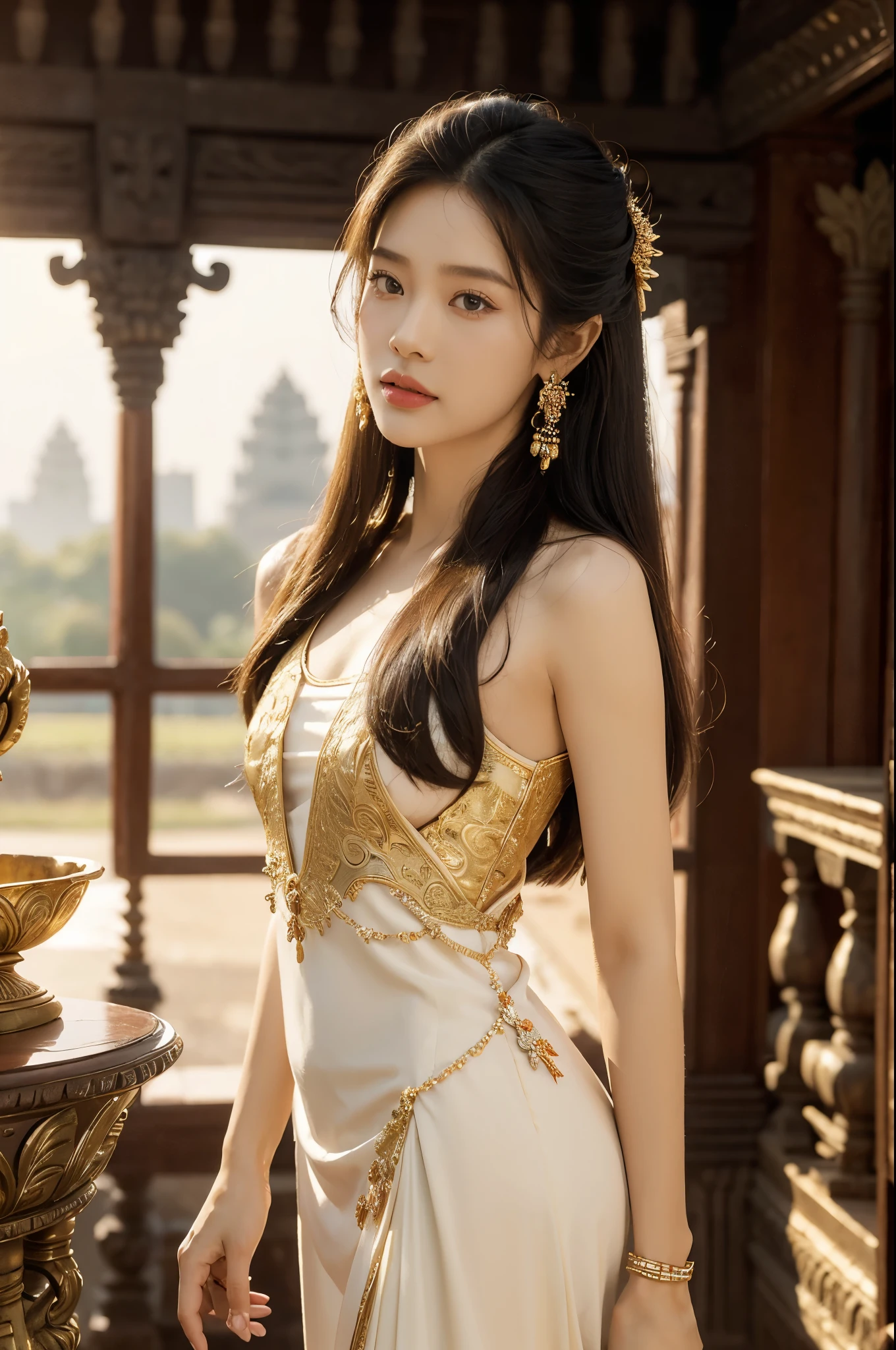 (((best quality))), (((ultra detailed))), (((masterpiece))), illustration, A Cambodian princess in traditional costume at Angkor Wat, beautiful,solo,slim,thin,flat chest,shoulder length straight hair, standing,arms behind back,delicate features, bright eyes, graceful, dignity,gentle breeze, ancient temple ruins, Cambodian patterns, beads, pearls, luxurious dress, traditional sandals, national pride, small Cambodian flag, intricate carvings, historical significance, setting sun, golden glow, radiance, regal, beauty, cultural richness, Cambodia, resilience, pride, rich history, cultural heritage, diversity, traditions, values,upper body,from front