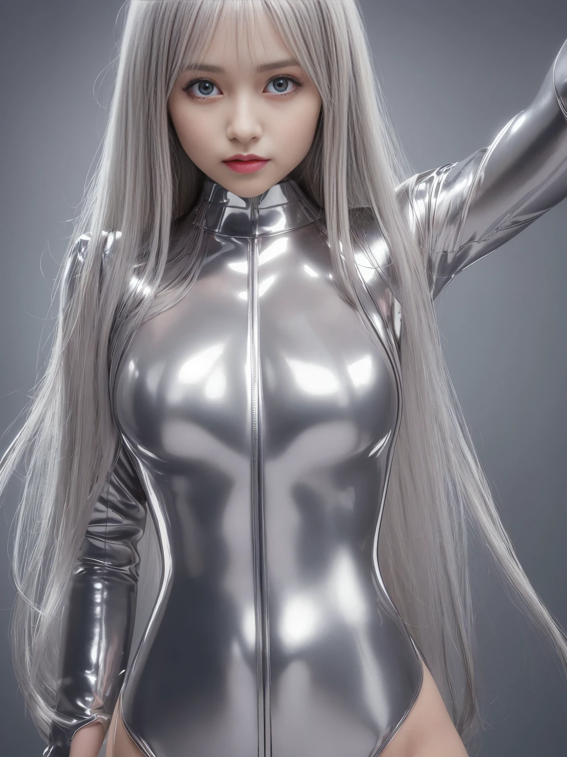 1 girl, Angelique A very beautiful and cute girl, detailed and beautiful eyes, fine double eyelids, (Big eyes:1.3), long brown straight hair, see through bang, shiny hair,(Ultra-shiny metallic silver full bodysuit:1.4),(Bodysuit only available in one color:Platinum silver that reflects like a mirror) , ULTA tight-fitting bodysuit with ultra-thin ultra-reflective surfaces, (A thin bodysuit that clings to the body without gaps), (Hard erect nipples:1.4), (Nipples pointing upwards:1.4), sharp focus, beautiful detailed face and eyes, droopy eyes , walking small nose, small mouth, huge breasts, Happy smile with visible teeth, ((highest quality)), Raw photo, High resolution, perfect details, professional photos, professional lighting,strong lighting on bodysuit,Lens flare,