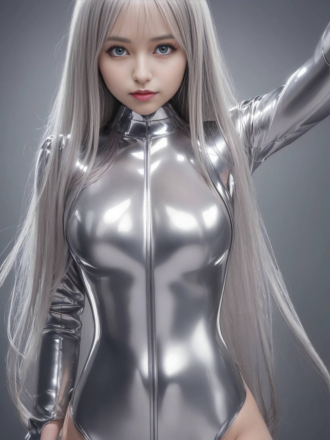 1 girl, Angelique A very beautiful and cute girl, detailed and beautiful eyes, fine double eyelids, (Big eyes:1.3), long brown straight hair, see through bang, shiny hair,(Ultra-shiny metallic silver full bodysuit:1.4),(Bodysuit only available in one color:Platinum silver that reflects like a mirror) , ULTA tight-fitting bodysuit with ultra-thin ultra-reflective surfaces, (A thin bodysuit that clings to the body without gaps), (Hard erect nipples:1.4), (Nipples pointing upwards:1.4), sharp focus, beautiful detailed face and eyes, droopy eyes , walking small nose, small mouth, huge breasts, Happy smile with visible teeth, ((highest quality)), Raw photo, High resolution, perfect details, professional photos, professional lighting,strong lighting on bodysuit,Lens flare,