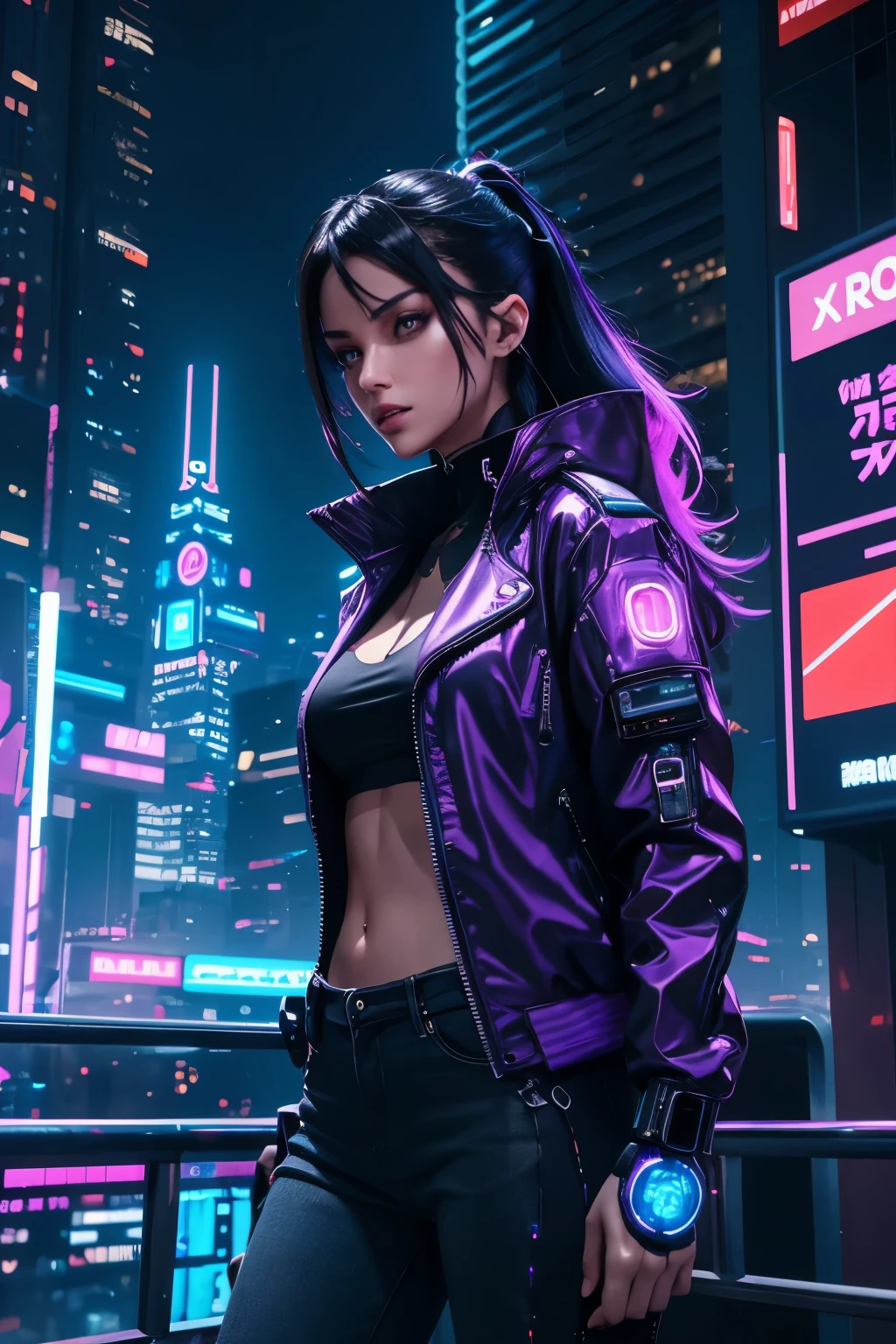 A captivating digital art piece showcases a futuristic female avatar, effortlessly blending casual fashion with advanced technology. Adorned in a sleek, trendy purple jacket and fitted jeans, she boasts impressive cybernetic enhancements on her arm and head, further emphasizing her unique style. A holographic interface hovers in front of her, pulsating with neon light.
The scene unfolds within a high-tech cityscape at twilight, where towering, futuristic buildings glimmer under the vibrant neon glow. The lighting is dynamic and cinematic, casting a neon reflection on the avatar's face and surroundings, creating a illustrious