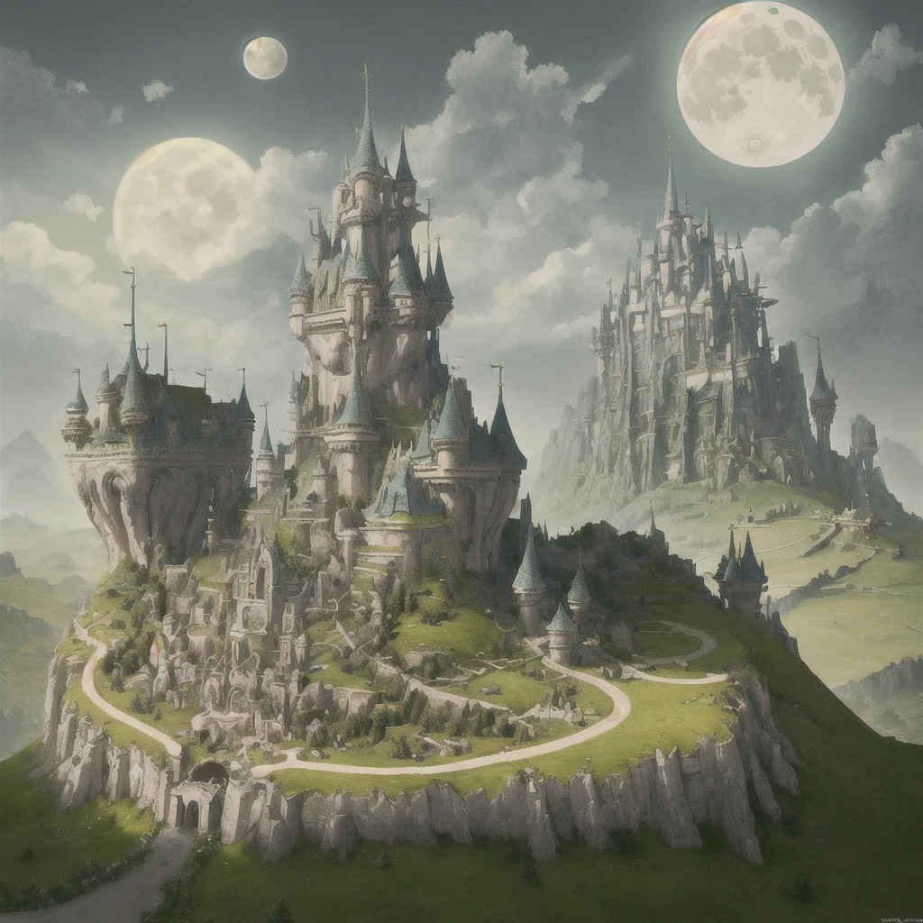 ((best quality)), ((masterpiece)), (detailed), (sprawling fantasy kingdom on grassy, gentle, rolling hills landscape), (massive, dense city), blending modern and fantasy, urban fantasy, one single large moon in background, in the style of video game concept art, stunning