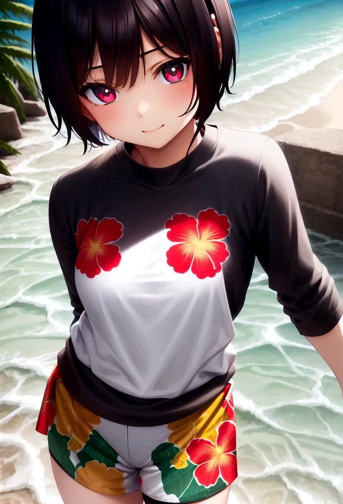 tshirt design, rzminjourney, Vector art, summer design, Hot as Hawaii,  Super Short Hair, side lock hair,