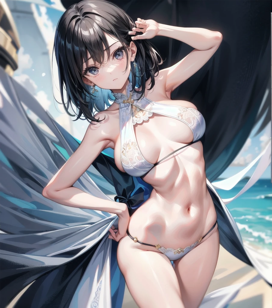 absurdres, RAW photo, extremely delicate and beautiful, masterpiece, Best Quality, ultra high resolution, 16k, hyperrealistic, ultra-detailed, perfect anatomy, super Detailed skin, perfect figure, Very detailed CG 8k wallpaper, in her 20s, very Slim body, narrow waist, very small head, very small face, delicate facial features, tearful mole, earring, thin legs, (very huge round breasts), full body shot, medium hair, black hair, bikini,