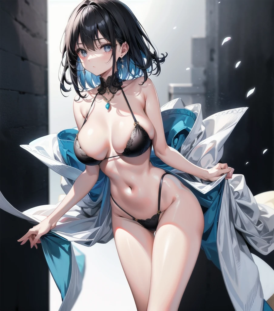 absurdres, RAW photo, extremely delicate and beautiful, masterpiece, Best Quality, ultra high resolution, 16k, hyperrealistic, ultra-detailed, perfect anatomy, super Detailed skin, perfect figure, Very detailed CG 8k wallpaper, in her 20s, very Slim body, narrow waist, very small head, very small face, delicate facial features, tearful mole, earring, thin legs, (very huge round breasts), full body shot, medium hair, black hair, bikini,