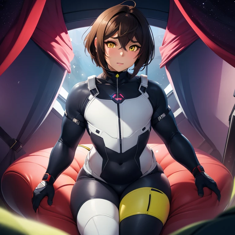 (masterpiece), (best quality), (high res) 2boys, (perfect anatomy) (perfect face) anime boy, (crossdresser), medium dark brown hair, red eyes, brown skin, wide hips, narrow waist and thick thighs, flustered, brushing, standing in space, flat chest, (full body suit), (visible bulge), (skin tight space green quantum space suit) man, fair skin, white hair, yellow eyes, in outer space, (gay sex) (kissing) (French kiss) (kissing each other)