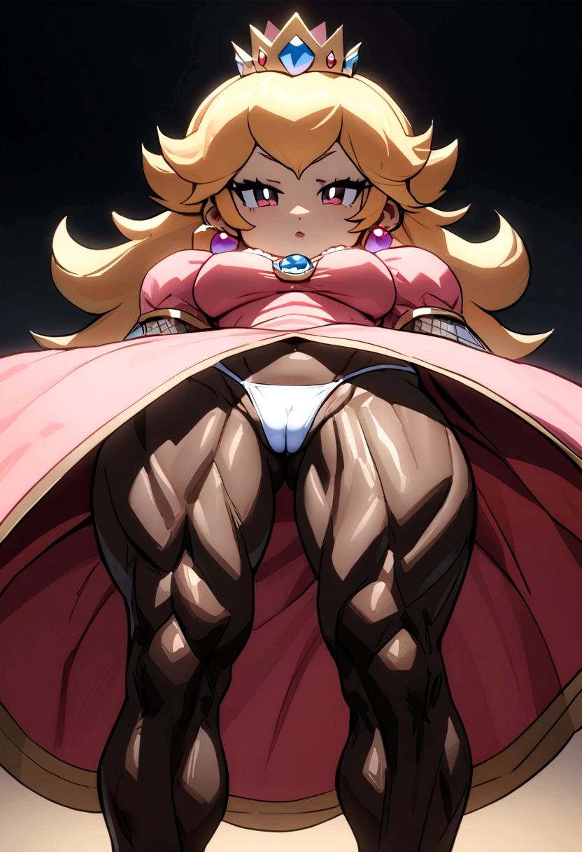 chibi Princess Peach, V-string thong adjustable strap, strong calf, strong quadriceps, thick, cameltoe