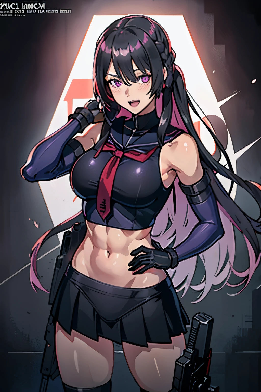 ak15, holding gun, assault rifle, glowing purple eyes, long hair, black hair, blush, lipstick,, masterpiece, best quality, highly detailed, a anime girls in sailor uniforms with a gun posing for a picture,
evil smile, smile, open mouth,black_serafuku, ecchi anime style, anime girls , (nsfw) not safe for work,
ecchi style, ecchi, shipgirls, digital anime art!!, high school girls, holding a gun, hold a gun, anime style 4
k, micro skirt, exposed belly, exposed navel, exposed midriff,
exposed lower belly,school, classroom, 