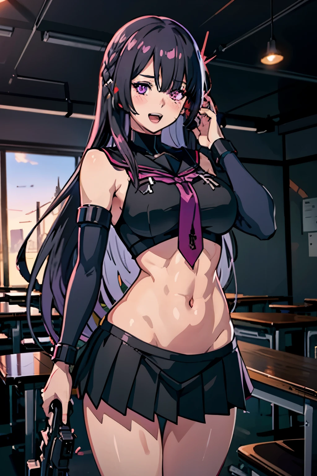 ak15, holding gun, assault rifle, glowing purple eyes, long hair, black hair, blush, lipstick,, masterpiece, best quality, highly detailed, a anime girls in sailor uniforms with a gun posing for a picture,
evil smile, smile, open mouth,black_serafuku, ecchi anime style, anime girls , (nsfw) not safe for work,
ecchi style, ecchi, shipgirls, digital anime art!!, high school girls, holding a gun, hold a gun, anime style 4
k, micro skirt, exposed belly, exposed navel, exposed midriff,
exposed lower belly,school, classroom, 