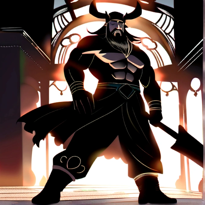 black beard viking , muscular man posing with his ax 