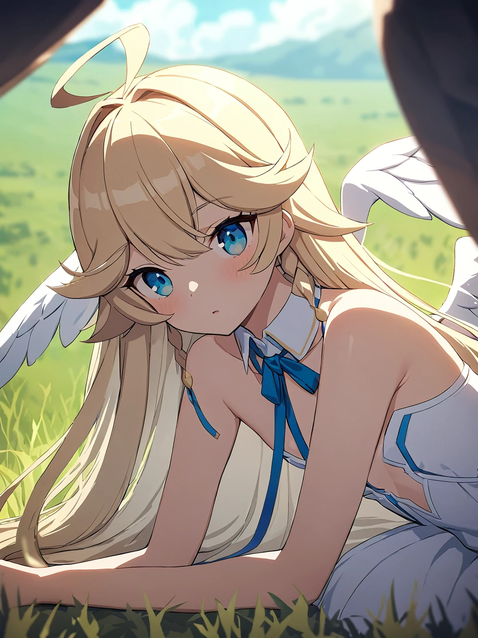 Zaora, blue eyes, (Variegated eyes:0.5), Blonde, Very long hair, Twin Blade, bangs, Ahoge, Hello, Angel, Flat Chest, White Dress, Belly button cutout, Detachable collar, Strapless, Neck ribbon, Bare shoulders, Angel wings, barefoot, One girl, Solo Break Space, grassland, Lying down, Upper Body, Depth of written boundary, Cinematic, masterpiece, Highest quality, Game CG