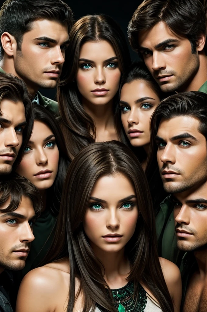 A girl (1)female gender green-eyed brunette surrounded by 4 (four) masculine gender men 