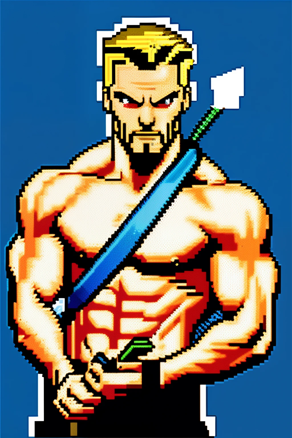 Pixel art, archer figure, sharp pixelated edges, detailed pixel shading, vivid colors, skillfully crafted bow and arrow, intense focus on archer's face, pixelated hair on head, archer in action, arrow drawn back, intense concentration, pixelated shadows on the background, pixelated light source, dynamic pose, pixelated landscape behind, nostalgic 8-bit aesthetic, created with pixel art software.