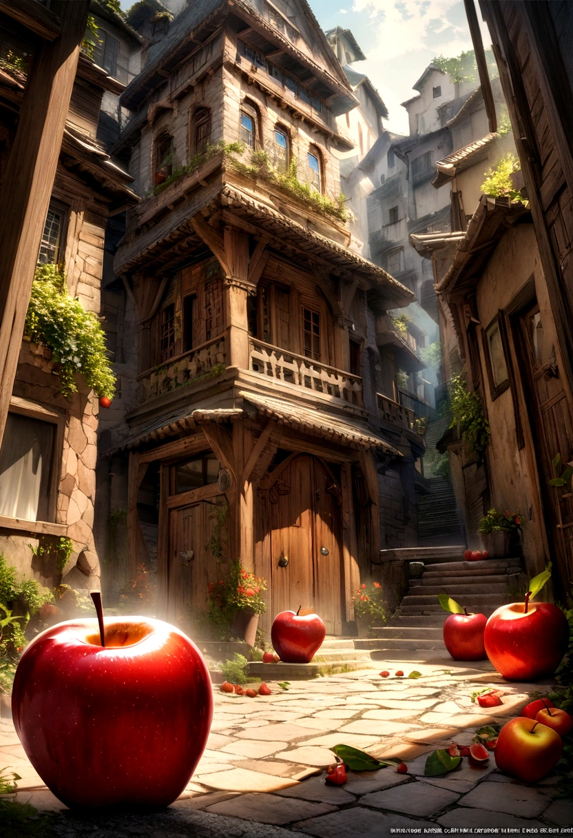 AN APPLE falling into juicy pieces., tasty, hot, promotional photo, intricate details, HDR, cinematographic, Adobe Lightroom, Very detailed