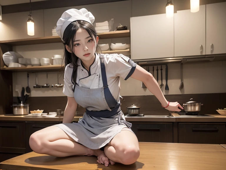 .((Woman in chef costume、Ragged clothes、坐In the kitchen餐桌旁、Open your legs to the audience:1.5)),Chef cutting dry beef with cleaver, shaped into eight characters. The complex patterns on the surface of the beef are clearly visible, Exudes an enticing aroma. The kitchen is illuminated by lights, Demonstrating the professionalism of chefs'work、In the kitchen、rope、(Perfect body proportions,Red cheeks,Huge breasts,Slim waist,Plump buttocks,Firm thighs:1.4)、Sagging lower back、Sweating、Wet hair、Covered with water、Top quality、masterpiece、Photogenic、Front focus:1.0、Depth of Field,Bokeh、Midsummer Stadium、In the house、超Practical,Reality,Practical,大量Sweating,Full body sweatband,Bright brown hair,8K original image,high resolution, Boy with a cool expression,,(((Full and soft breasts,)))(((Huge breasts))) (((Cleavage))) Beautiful eyes in every detail,Long eyelashes,Beautiful double eyelids,Squint your eyes,Painful expression,(open mouth,Drooling from the corners of the mouth,pant,Breathe through the mouth),Defiant eyes